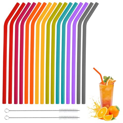 16 Pièces Pailles en Silicone Réutilisable, Coloré Courbées Pailles à Boire avec Brosse de Nettoyage pour Adulte Enfants pour le Café, les Boissons Froides, Accessoires de Fête