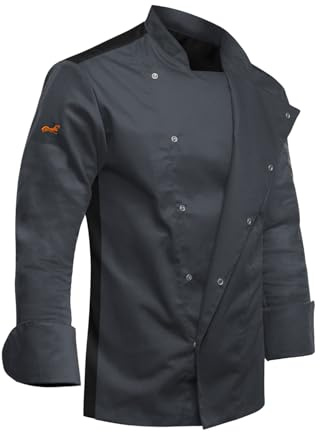 strongAnt Herren Kochjacke Moderne Wasserabweisend mit Druckknöpfen Kurzarm Slim Fit - Grau, M