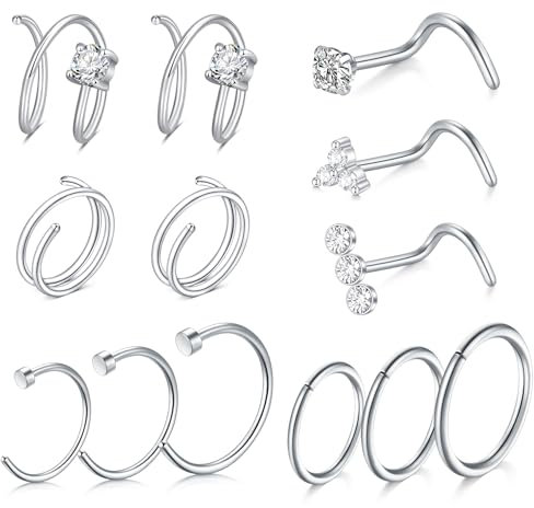 AVYRING 20G Nose Ring & Stud Set - 13 Piece Nose Piercing Jewelry (Silver) - Hypoallergenic Stainless Steel, CZ Studs, Double Hoops, C-Shaped Rings
