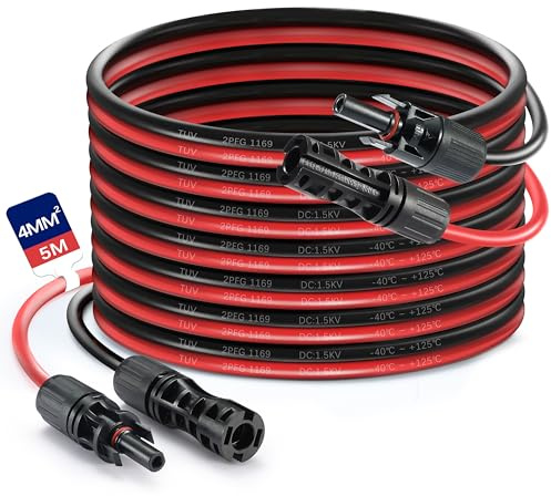 Solvazcable Verlängerungskabel 4mm² 2x5m mit Wasserdichten Buchsen- und Steckeranschlüssen,Pv Kabel für Solarmodule Photovoltaikanlagen (Rot + Schwarz) (4mm²/5M)