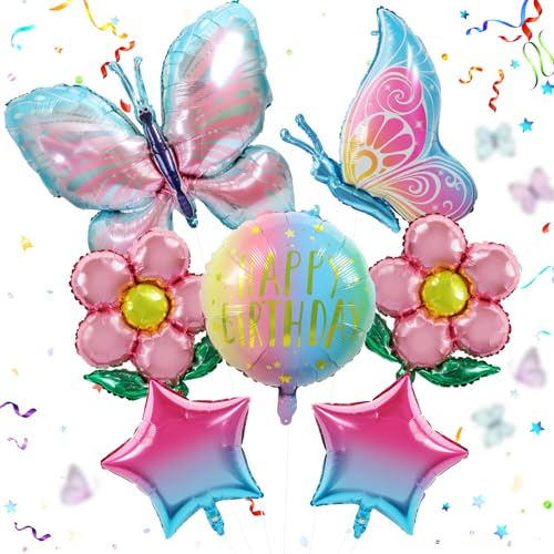 7 Stück Luftballon Schmetterling, XXL Bunt Folienballon | Schmetterlinge Luftballons Geburtstag in Schmetterling, Blumen- und Sternform, Mädchen Geburtstagsdeko für Party Deko Kinder
