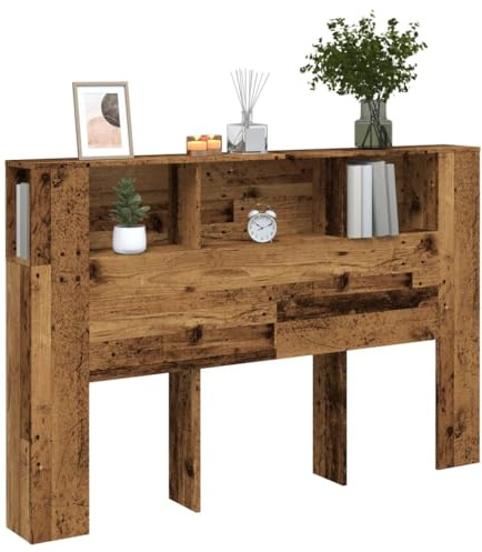 ACAGALA Bett Kopfteil mit Ablagen, Wand-Kopfteil Bücherregal mit 4 Regal Stauraum - Offene Lagerung, Betthaupt für Schlafzimmer 160x18,5x104,5 cm, Altholz