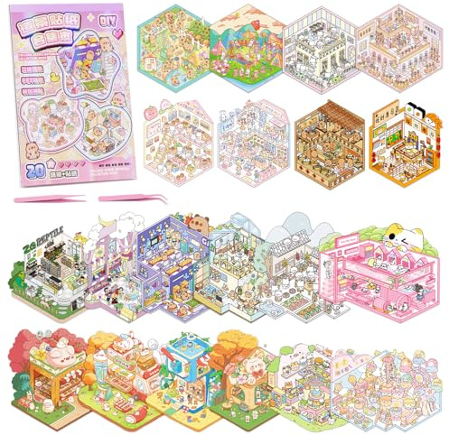 KIPEREE 20 Sets DIY 3D Scene Sticker Book – Creative Miniature Worlds with Tweezers, Reusable Sticker Scene Book for Children and Adults, Cute Stickers Kit Stress Relief (Set-2)