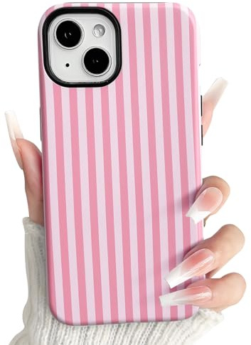 NITITOP for iPhone 15 Case Cute Striped Design, Pink | for Women Girls Men, Stripes Lines Pattern, Hybrid 2 Layers, Hard PC Back Shockproof Cover, Raised Camera Lip Protection