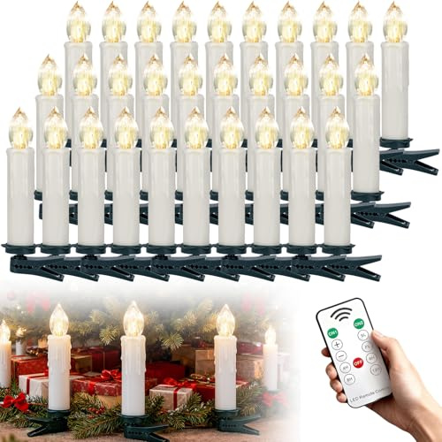 Kidsgigglz 30er set LED Kerzen, Weihnachtskerzen Flammenlose mit Timer, Weinachten LED Warmweiß, Kabellos Dimmbar, Weihnachtsbaum Baumkerzen mit Clips für Weihnachtsdeko Hochzeit Party