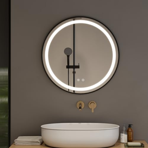 Warmiehomy Round Bathroom Mirror with Lights,50cm Illuminated LED Bathroom Mirror with Dimmable Light Demister Pad Touch Switch,Black