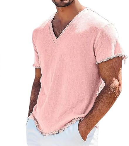 T-shirt pour homme en coton et lin - Manches courtes - Col en V - T-shirt en lin - Coupe droite - Confortable - Pour les loisirs - Pour l'été - T-shirt de fitness