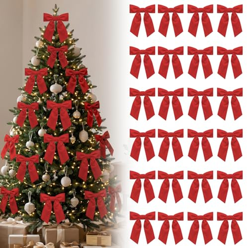 HIVTE 24 Pack 4.7 Inch Bright Red Velvet Ribbon Bows Prewired with Twist Ties Wrapping, Tree Ornaments, Wreaths & Garlands