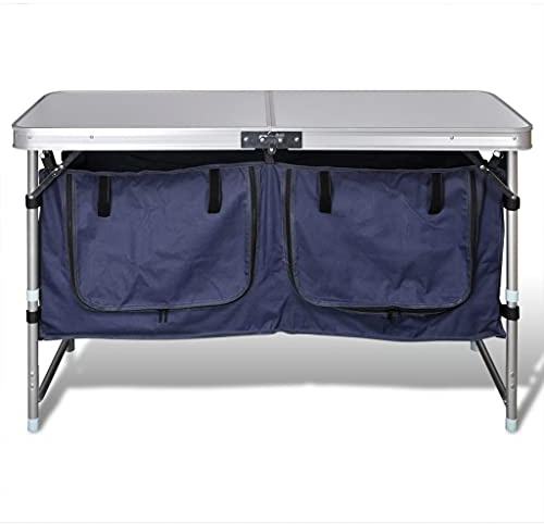 Campingmöbel Stauraum aus Aluminium mit großer Arbeitsplatte, zusammenklappbar, leicht und kompakt, 2 Fächer mit PVC-beschichtetem Gewebe, ideal für Outdoor, Garten, Trekking