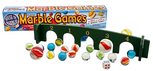 House of Marbles Marble Games Set, 25 Glass Marbles with Wooden Numbered Arch Board and Traditional Game Instructions, Classic Family Skill Game