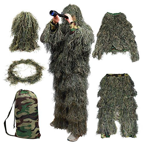 Goetland 5 Piezas 3D Ghillie Traje de Camuflaje Airsoft Disfraz de Camuflaje Hombre Ghillie Suit Camuflaje para Caza Ropa de Camuflaje Militar