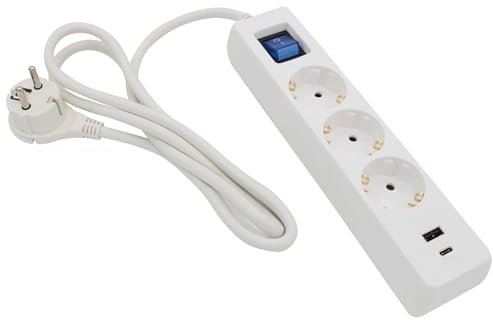 ARLI 3m Steckdosenleiste 3 Fach Weiss mit 2 USB Ladebuchsen USB-A USB-C Schalter Mehrfachstecker Kinderschutz Überspannschutz flachem Winkelstecker Schutzkontakte Mehrfachsteckdose Steckdose weiß