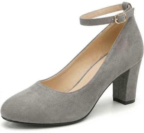 Womens Ladies Block Heel Ankle Strap Work Court Evening Dress Girls Shoes Pumps UK Size 3-12 (10 UK, Grey Suede)