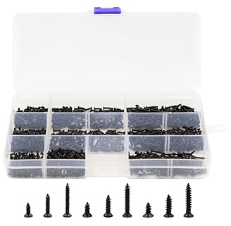 LBY 900pcs M1.7 M2 M2.3 x 5mm / 8mm/ 12mm Flat Head Self-Tapping Sheetmetal Screw Assortment Kit, Mini Wood Screws, 9 Sizes, Carbon Steel (Black)
