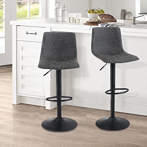 ALPHA HOME Bar Stools Set of 2 Adjustable Counter Height Bar Stools Swivel Breakfast Barstools Modern Kitchen Stools with Backs and Footrest, Comfortable PU Leather 2 pcs Counter Chairs, Grey