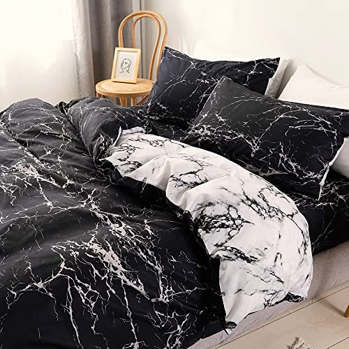 Luofanfei Wendebettwäsche Mikrofaser 200x200 cm Marmor Bettwäsche Set Doppelbett Marmoriert Schwarz Marmormuster Muster Bettwäsche Set 1 Bettbezug mit 2 Kissenbezüge 80×80 cm mit Reißverschluss,JY