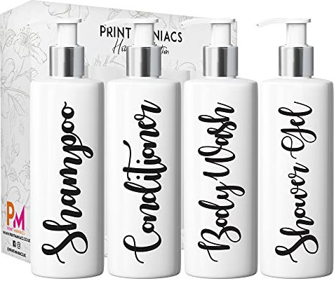 Print Maniacs White Mrs Hinch Inspired Personalised 500ml Pump Bottles Bathroom Lotion Kitchen Set Shampoo Conditioner (Shower Gel Set) (Black)