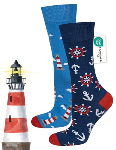 soxo Lustige Socken Herren Mit Baumwolle - Witzige Männersocken Lange | Baumwollsocken Mit Motiv, Funny Socks Men, Enten Geschenk, Hühner Präsent, Huhn Design, Ei Muster, Leuchtturm Socken