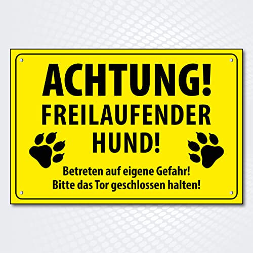 Hochwertiges Schild  ACHTUNG FREILAUFENDER HUND  300 x 200 mm rechteckig | Betreten auf eigene Gefahr | Bitte das Tor geschlossen halten |