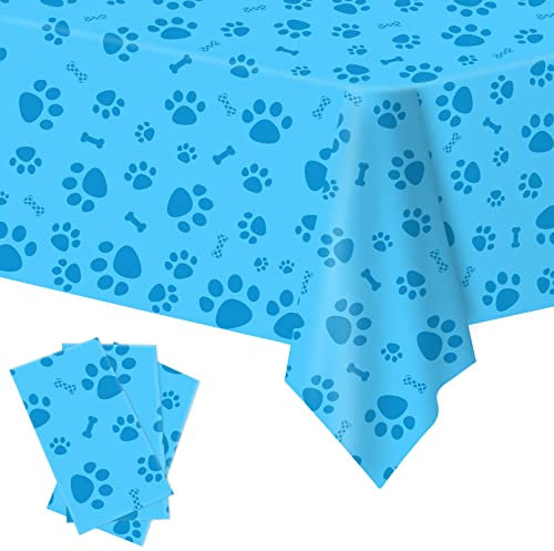 Tischdecke mit Pfotenabdruckmotiv, Kunststoff, 137,2 x 274,3 cm, Hundepfotenabdruck und Knochenschild, niedliche Tischdecke für Kinder, Jungen, Mädchen, Hund, Geburtstagsparty-Zubehör, Blau, 3 Stück