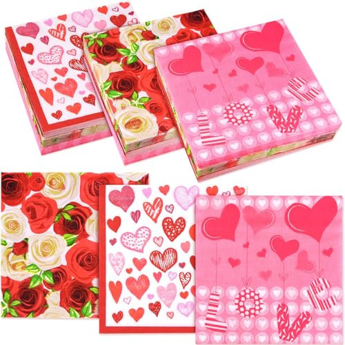 ASTARON 60 Stück Valentinstag Servietten 33cm×33cm, Einweg-Papier-Cocktail-Servietten für Valentinstag Partyzubehör, 3 Designs Valentinstag Themen Servietten
