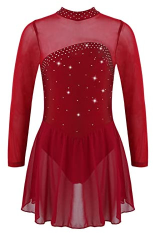 iEFiEL Mädchen Ballettkleid Glitzer Eiskunstlauf Kleid Kinder Swing Schaukel Tanzkleid Ballettanzug Langarm Body Trikot Turnanzug Wx_ Burgundy 134-140