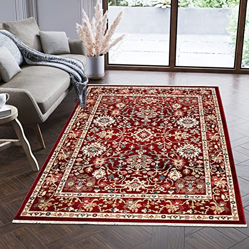 Mazovia Teppich Orientalisch Traditioneller Muster mit Fransen - Lebendige Farben, Baumwollrücken, Kurzflor Niedriger Flor - Rot 200 x 305 cm