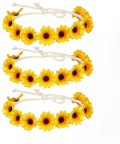 VASANA 3 x modische Sonnenblumen-Stirnband, Haarkranz, Kopfschmuck, Haarband, Werkzeug, zum Binden von Kranz, für Braut, Strand, Landschaft, Festivals, Hochzeit, Haarschmuck (gelb)