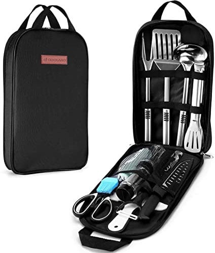 Odoland Camping Cookware Utensils Travel Set, Camp Kitchen Utensil Organizer, Cutting Board, Kitchen Scissors, Slotted Tongs Seasoning Bottle and Case for Backpacking, Outdoor Black