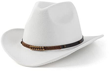 EOGIMI Western Cowboy Hüte für Damen Herren Filz breite Krempe Panama Hut mit Gürtelschnalle, Perlenband - weiß, Medium
