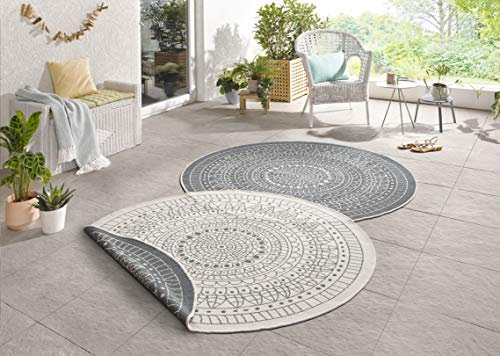 Northrugs Porto In- und Outdoor Teppich Rund – Runder Wendeteppich Wasserfest Mandala Design Flachgewebe Teppich Wetterfest für Balkon, Terrasse, Garten, Wohnzimmer in Blau Creme, ⌀240cm