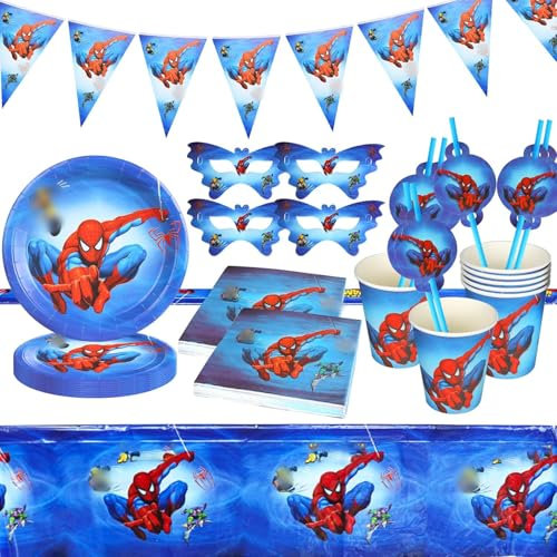 71 Pièces Anniversaire Fournitures Vaisselle Set, Enfants d'anniversair Ensemble Vaisselle Fête Décorations Kit,Assiettes,Tasses,Pailles,Nappe,Mouchoirs,Serviettes,Bannière