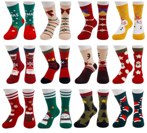 Vertvie 12 Paar Unisex Weihnachtssocken Christmas Socks Weihnachtsmotiv Weihnachten Festlicher Baumwolle Socken Mix Design für Damen und Herren (12er Pack Weihnachten 3, Einheitsgröße)