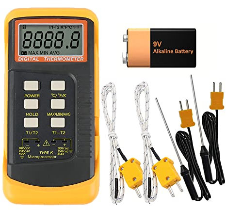 Mengshen Digitales Thermometer Typ K, 2-Kanal mit 4 Thermoelementen Sondensensor -50~1370°C (-58~2498°F) °C °F Kelvin Skala Umschaltbares Hand Temperaturmessgerät