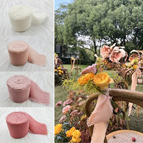 4 Rollen Geschenkband, 4cm x 6,5m Chiffonband Fransen, 4 Farben Schleifenband Hochzeit, Handgemacht Dekoband, Handgemachtes Ausgefranstes Chiffon Bänder, für Geschenk Verpackungen, Blumenstrauß (Rosa)