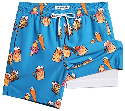 MaaMgic 7 2 en 1 Bañador con Forro de Compresión con Cremallera Hombre Shorts de Baño Shorts de Playa Traje de Baño para Natación Secado Rápido para Vacaciones,Nueva Cerveza Flamingo 7,L