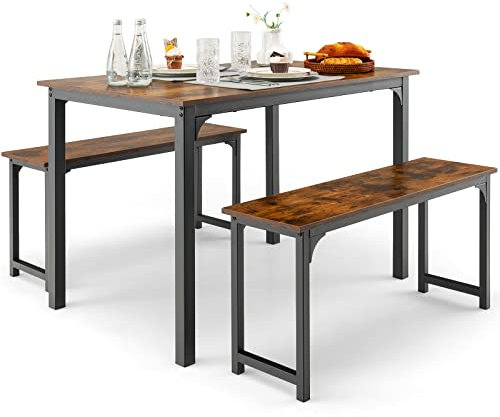 HOMASIS 3-teilige Essgruppe, Esszimmertisch mit Stühle für 4 Personen, Sitzgruppe mit 2 Bänken aus Holz & Metall, Esstisch-Set im Industriestill, Küchenmöbel für Esszimmer, 110 x 70 x 75 cm (Braun)