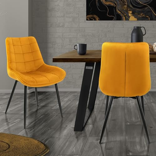 ML-Design 2er Set Esszimmerstühle mit Rückenlehne, Senfgelb, Küchenstuhl mit Samtbezug, Polsterstuhl mit Metallbeinen, Ergonomischer Stuhl für Esstisch, Esszimmerstuhl Wohnzimmerstuhl Küchenstühle