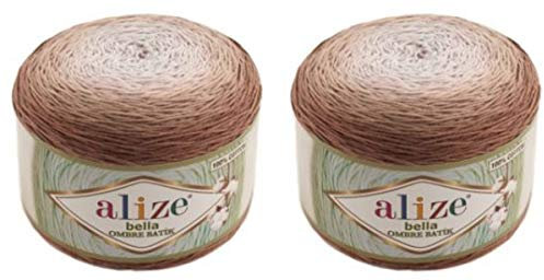 2 x 250 g Alize Bella Batik Ombre Strickwolle Farbverlauf, 500 Gramm Strickgarn 100% Baumwolle, Farbverlaufswolle (braun 7410)