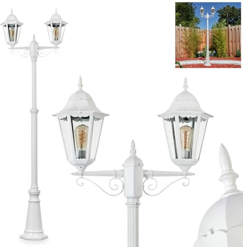 HOFSTEIN Außenwegeleuchte Hongkong, Wegeleuchte aus Metall/Glas in Weiß/Klar, Kandelaber 2-flammig in antikem Look, Höhe max. 245 cm, Gartenbeleuchtung IP44, 2 x E27, ohne Leuchtmittel