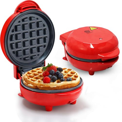 SUPERLEX Mini Waffle Maker, 550W Non-Stick Compact Waffle Iron Machine with 12.5cm Plates for Breakfast & Snacks, Red