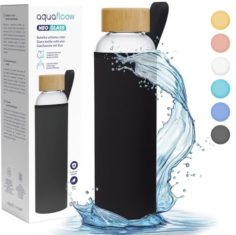 Aquafloow Botella Agua de Vidrio con Tapa de 700ml, Vidrio de Borosilicato Con Tapa de Bambú de Neopreno, Sin BPA, Reutilizable | Ideal para La Oficina, El Exterior, La Escuela – Negro