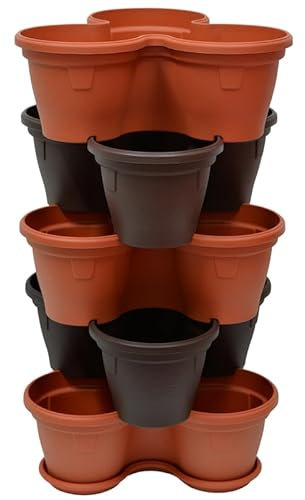 Engelland 5X Blumentopf, Säulentopf, Pflanzturm, Hochbeet, Pflanztopf-Kübel mit Untersetzer, stapelbar, widerstandsfähig, Kunststoff, für Außenbereich, 55 Liter, Farbmix: Terrakotta/Braun