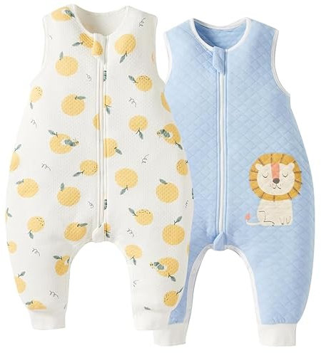 Duomiaomiao 2er Pack Schlafsack mit füßen 1.0 Tog, Ganzjahres Baby Baumwolle, Schlafsack mit Beinen, Baby Schlafsack mit füß ganzjahres Unisex(85/Orange/Löwe)