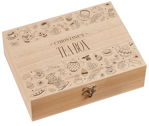 ukgiftstoreonline Personalised Tea Box Engraved With Tea Bag Holder With Pot and cups