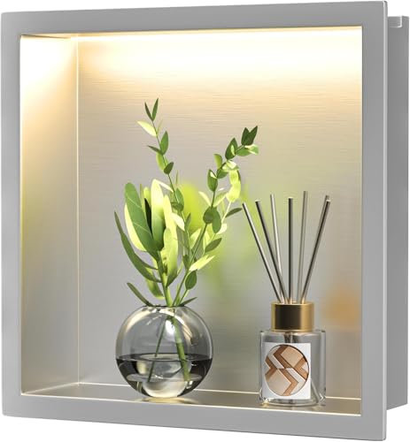 Bernkot Stainless Steel Shower Niche 300 mm x 300 mm Brushed with LED Light Waterproof No Tiles Required Wall Recess for Bathroom Storage via Mount Installation
