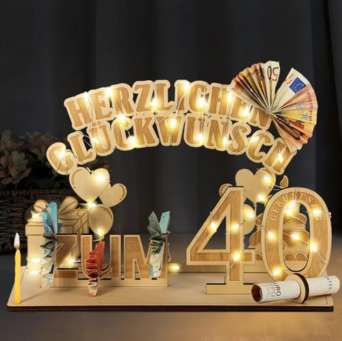 40. Geburtstag Geldgeschenke, 40 Geburtstag Mann und Frau Holz mit LED Lichterkette, Geschenke zum 40 Geburtstag Frau Mann, 40. Geburtstag Dekoration Gästebuch, DIY Geschenkideen für Familie Freunde