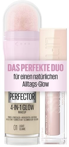 Maybelline New York 4-in-1 Make Up, Concealer, BB Cream, Highlighter, Primer, Instant Perfector Glow 01 Light, 20 ml + Lifter Gloss, Lipgloss, voller wirkende Lippen,Mit Hyaluronsäure, 002 Ice, 5,4ml