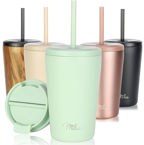 Milu Mug Isotherme 400ml - Thermo Café étanche en acier inoxydable, Tasse thermique sans BPA, 100% anti-fuite(Lily green, 400ml)