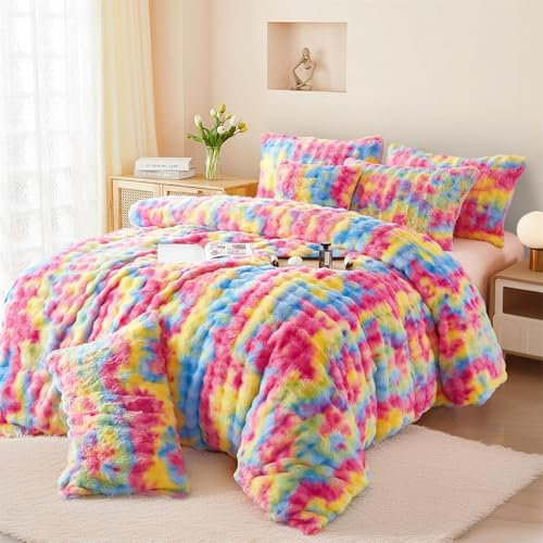 Boqingzhu Plüsch Bettwäsche 200x220cm Bunt Kuschelig Flauschig Warm Winter Flanell Fleece Bettwäsche Set Kaninchen Kunstfell Bettbezug mit Reißverschluss und Kissenbezug 80x80cm